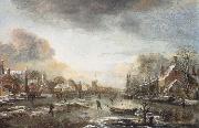Aert van der Neer A Frozen River by a Town at Evening painting